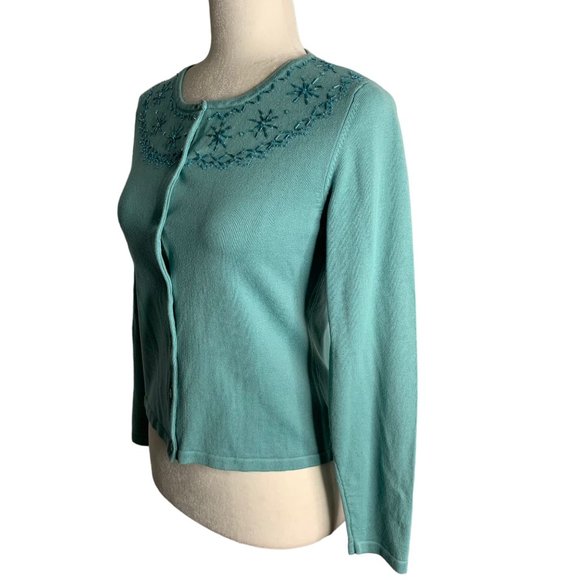 Norton McNaughton Beaded Cardigan Sweater S Blue Green Button Up Long Sleeve - Picture 3 of 6